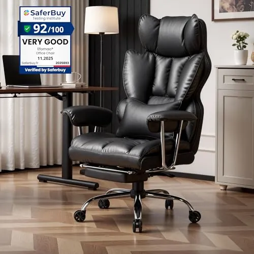 Efomao Silla de Oficina de Escritorio, Silla de Oficina de Piel sintética de Gran Respaldo, Silla giratoria con reposapiés y Soporte Lumbar, Negro