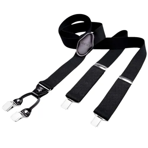 DonDon Tirantes hombre anchos 3,5 cm con 4 clips extra fuertes tirantes para pantalones hombre y parche de cuero marrón negro