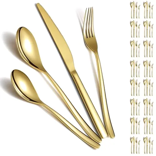 Berglander Juego de cubiertos de oro 48 piezas para 12 de acero inoxidable chapado en titanio dorado, juego de cuchillos de cucharas de oro para el hogar, boda, restaurante, hotel