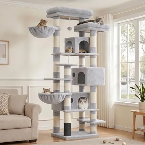 Hey-brother Árbol para Gatos Rascador XXL, Torre de Gatos Multi - Nivel de 188 cm de Altura,con 2 Grandes Plataformas, 3 Cuevas y 2 Cestas, Gris Claro 0EMPJ035-MW