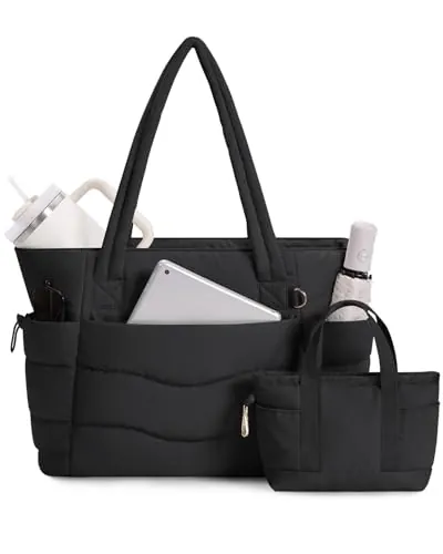 2 Piezas Bolso Mujer Acolchado, Bolso Shopper Mujer para Portátil 15.6" | admite botella de agua, Para universidad, oficina, gimnasio, compras y viajes
