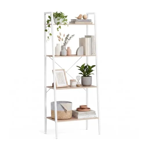 WOLTU Estantería Multiusos Moderna | de 4 Niveles, Librería para Sala de Estar, Escalera de Flores, Negro + Roble Claro
