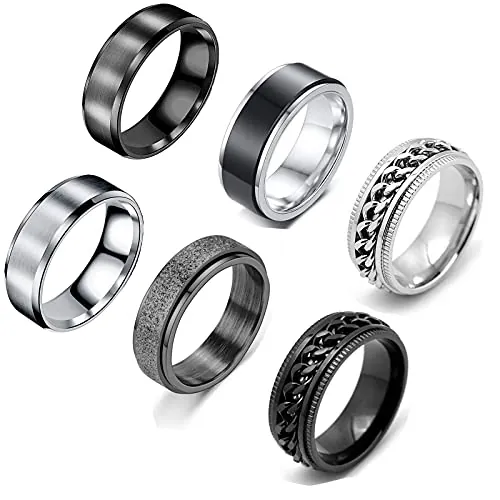 VELESAY - Anillo de cadena para hombre, 6 unidades, acero inoxidable, color negro, estilo gótico
