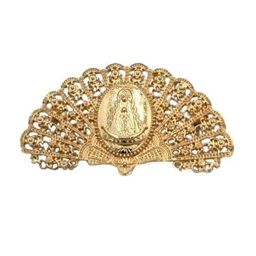 Broche con forma de abanico Virgen del Rocío de color dorado