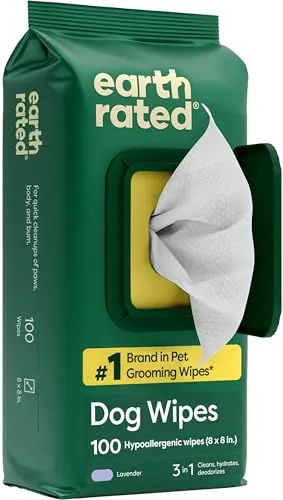 Earth Rated Toallitas hipoalergénicas para Perros, para Limpiar y Eliminar olores de Patas, Cuerpo y Trasero, Cachorros y Perros Adultos, Aroma a Lavanda, 100 Unidades