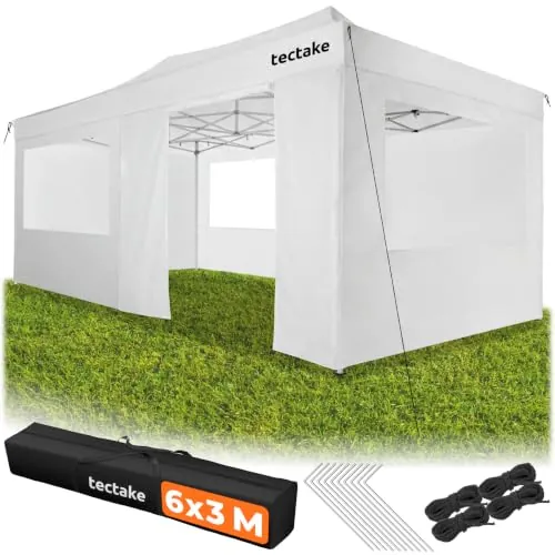 tectake® Carpa Plegable 600 x 300 x 290-316 cm, Cenadores para Jardin, 6 Paneles Laterales Desmontables, 3 Ventanas, Carpas para Exteriores, Pergolas de Jardin, Carpa Playa, Toldo Playa - Blanco