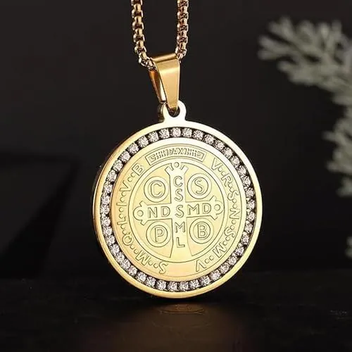 Collar de sacerdote católico con colgante de cruz de Jesús de acero inoxidable, medalla con circonitas brillantes, amuleto de la oración de San Benito, joyería de regalo de la suerte para hombres y