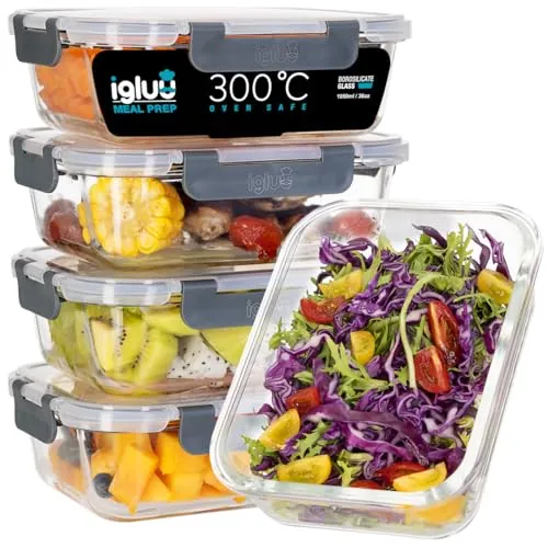 Igluu Meal Prep Recipientes Herméticos para Alimentos de Cristal con Tapas (Set de 5) – Sin BPA – Aptos para Horno, Microondas, Congelador y Lavavajillas – 1050 ml – Vidrio de Borosilicato