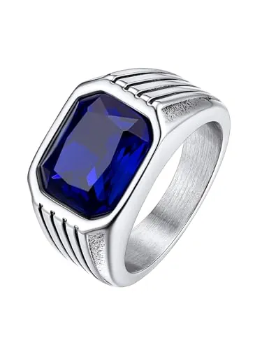 Bestyle Anillo Acero Hombre Anillo Piedra Azul Zafiro Anillo Sello Mujer Anillo Grueso Plateado Tamaño 19.75