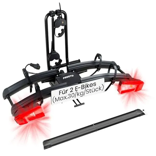 Favoto Portabicicletas E-Bike con Rampa Plegable – Soporte de Bola para 2 Bicis (60kg), Aluminio, Antirrobo, Luces 13 Pines y Soporte Matrícula