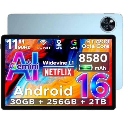 POPUX U11 Pro Tablet 11 Pulgadas 30GB+ 256GB/2TB TF, Batería 8580mAh, Procesador Octa-Core Tablet Android 16, HD IPS 90Hz Tableta, Widevine L1,5G WiFi/13MP+5MP/ Face ID/OTG/GMS/Audio 3.5mm Jack