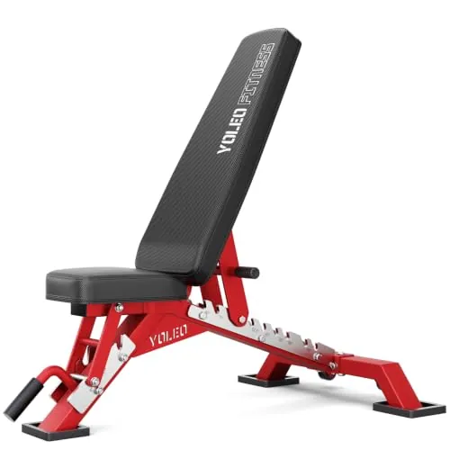 YOLEO Banco de pesas ajustable comercial de 1050 KG con certificación ASTM – Banco de entrenamiento resistente, preensamblado al 80%, ideal para gimnasios en casa (Rojo)