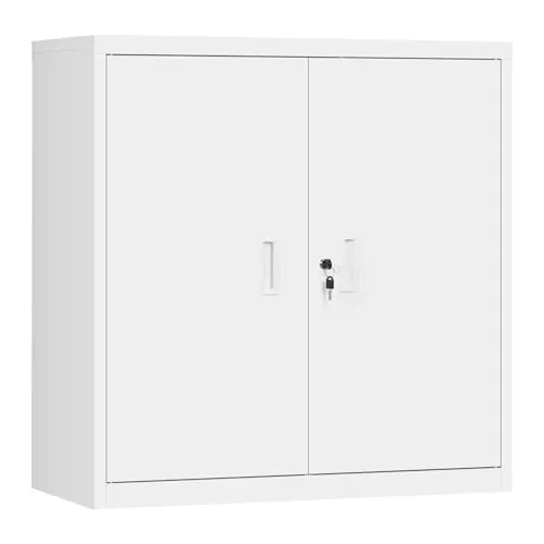 WOLTU Archivador Armario Oficina, Armario Metalico con Cerradura, Cajonera Escritorio Multiusos, Mueble Archivador 2 Puertas, Mueble Auxiliar para Oficina y Estudio, Blanco, A90xA92xF40 cm