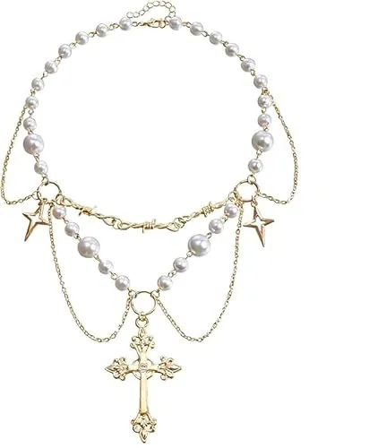 Collar gótico de cruz dorada con cristales y perlas, ajustable, para fiestas, Halloween y ocasiones especiales