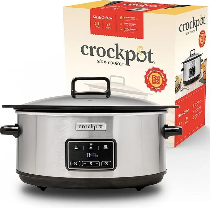 Crock-Pot Olla digital de cocción lenta Sizzle & Stew | 6.5 L (8+ Personas) | Bol extraíble apto para placas de inducción | Carne y verduras | Enchufe EU 2 Pin | Acero inoxidable [CSC112X]