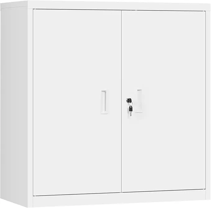 WOLTU Archivador Armario Oficina, Armario Metalico con Cerradura, Cajonera Escritorio Multiusos, Mueble Archivador 2 Puertas, Mueble Auxiliar para Oficina y Estudio, Blanco, A90xA92xF40 cm