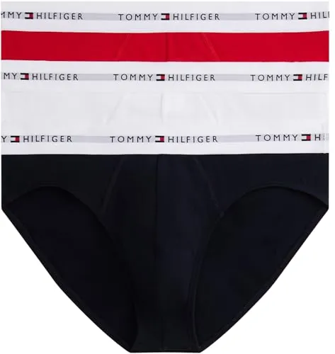 Tommy Hilfiger Calzoncillos Hip Briefs Pack de 3 Hombre con Logotipo en la Cintura, Multicolor (Wht/PRM Red/Des Sky), XL
