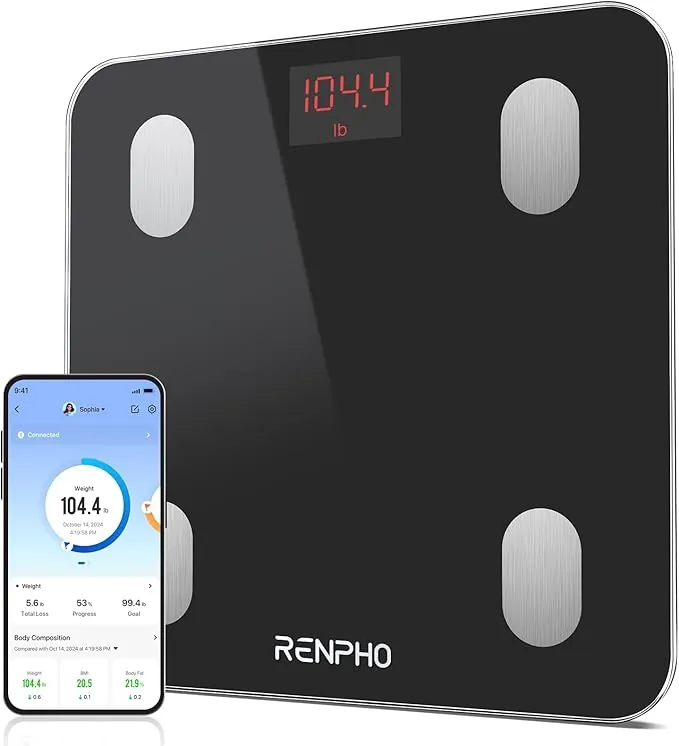 RENPHO Bascula de Baño Digital Grasa Corporal, Balanza Bluetooth Inteligente con App, Bascula Electrónica con Análisis Corporal, 13 Mediciónes de Peso IMC Visceral e Muscular, Negro, Elis 1