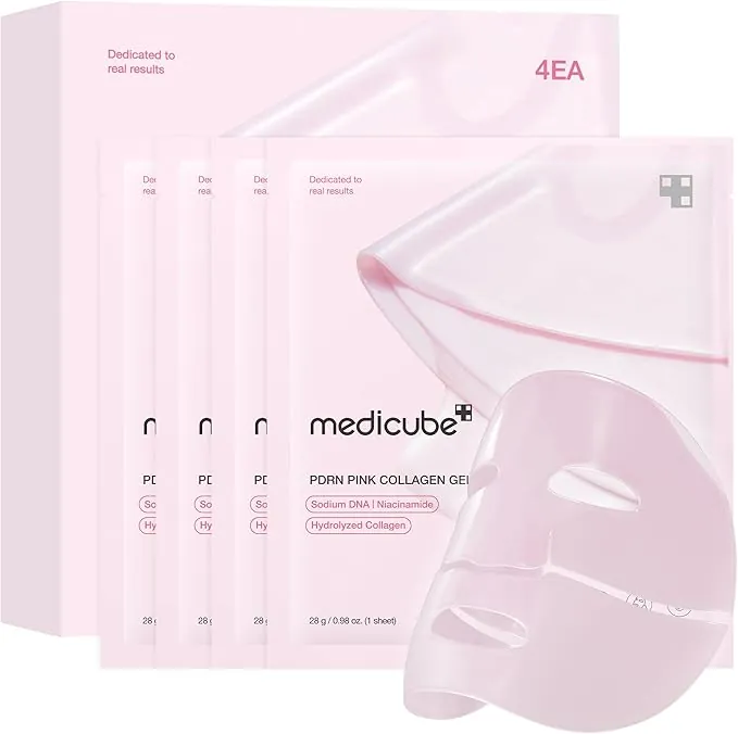 medicube Mascarilla De Gel De Gelatina De Colágeno Rosa Salmon Dna Pdrn De Uso Nocturno Para Piel Radiante, Elástica, Hidratante, Reafirmante E Hidratante, 4 Unidades (Paquete De 1)