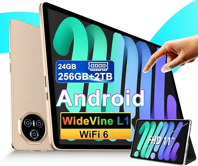 Tablet 11 pulgadas, Tableta Android, 24 GB RAM+256 GB ROM (2 TB TF), FHD IPS, Octa-Core, UFS 2.2 Flash, 8000 mAh, 5 MP + 13 MP, WiFi dual, BT 5.0, Widevine L1, Face ID, con Carcasa Metálica-Gold