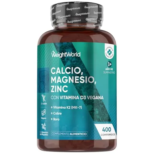 Calcio, Magnesio y Zinc con Vitamina D3, K2 y Más - 400 Comprimidos Veganos (+1 Año) - Complejo de Vitaminas y Minerales, Sin Gluten, Sin Lactosa