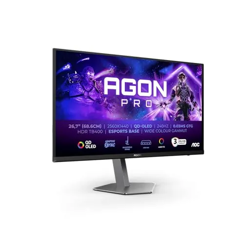 AOC Agon Pro AG276QZD2AM Monitor 27 Pulgadas, 240Hz Panel QD-OLED, 0.03ms GtG, HDR400 TrueBlack, Adaptive Sync, G-Sync Comp, Altavoces, Altura Ajustable(2560x1440 HDMI 2X 2.0 DP 2X 1.4 USB Hub) Negro