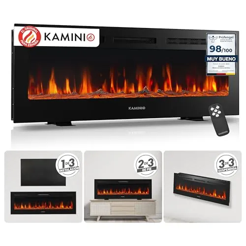 KAMINIO Eléctrica Chimenea Marlon - Chimenea eléctrica 3 en 1 con calefacción, Efecto de Llama 3D, 12 Colores de Llama, Control Remoto (50 Pulgada)