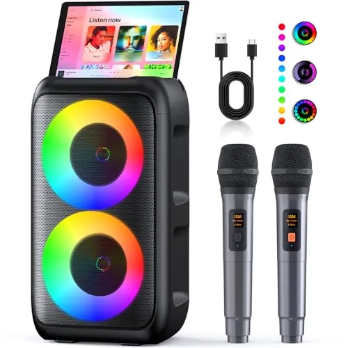 Karaoke 2 Microfonos Inalambricos (2026 Última Generación) | Altavoz con Microfono Bluetooth | Soporta TV/Smartphone/iPad/TWS/AUX/USB/FM | para Party, Cumpleaños, Viajar