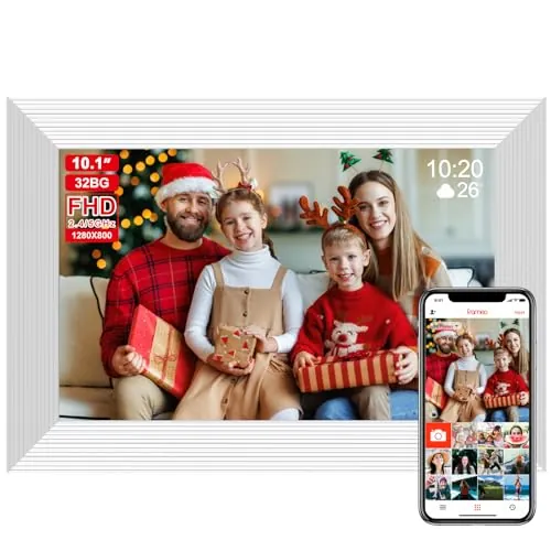Frameo White - Marco de fotos digital inteligente WiFi de 10.1 pulgadas, marco de fotos digital Wi-Fi con almacenamiento de 32 GB y ranura SD, marco de fotos electrónico, pantalla táctil IPS con