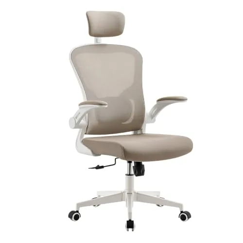 Silla de Oficina Ahorro de Espacio con Reposabrazos Abatibles, Beige Claro | Soporta hasta 180 kg, Deslizable bajo Mesas de menos de 70 cm con Soporte Lumbar Ajustable para Oficinas Pequeñas