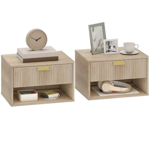 HOMCOM Juego de 2 Mesitas de Noche Flotantes con Cajón 40x30x25 cm Roble | Mesillas de Noche, Frente Ondulado, Estante Abierto, Diseño Moderno, para Dormitorio