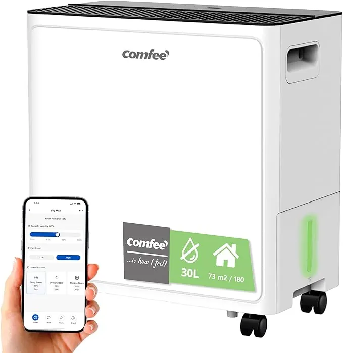 COMFEE’ Deshumidificador Dry Max 30L Grandes Espacios hasta 73 m2 / 180 m3 con App Control - Deshumificador de Humedad Interior Nuevo Modelo - Deshumidificadores Silencioso con Depósito Extraible 3,2L