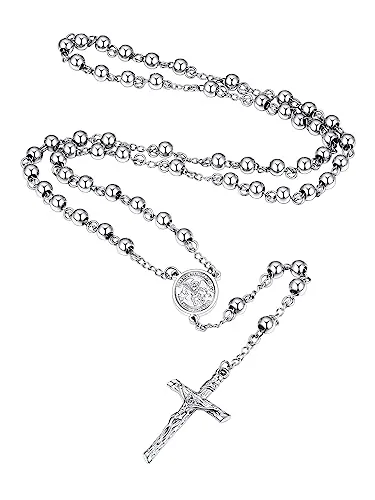 Supcare Collar Rosario Acero Inoxidable Hombre Cadena Larga Rosario San Miguel Arcángel Colgante Cruz Jesucristo Collar Religioso Católico Joyería Cristiana Santo Patrón