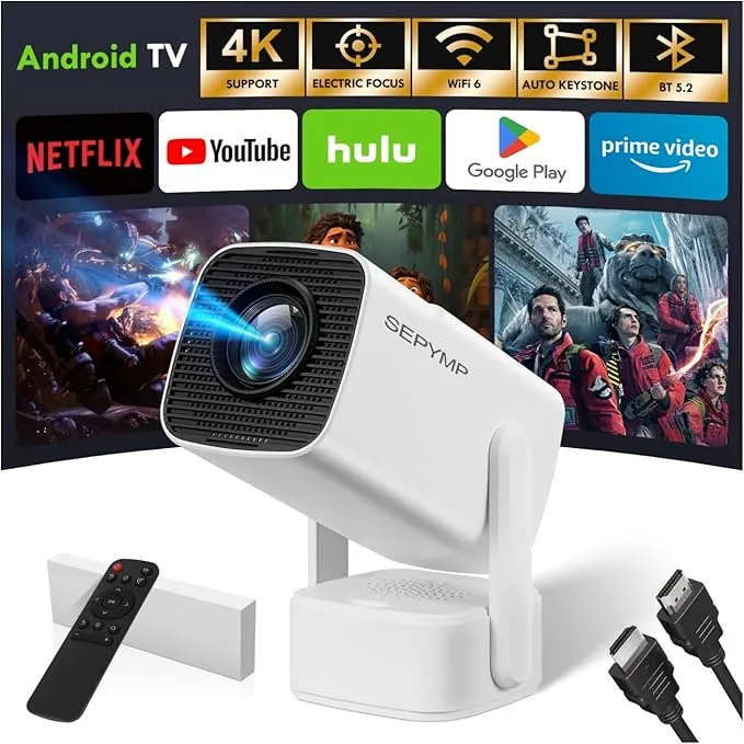 [Apps integradas & 2025 Upgraded] Proyector Portatil,SEPYMP Mini Proyector 4K,1080P HD-WiFi 6-BT 5.2, Android 13, Compatibile con HDMI/USB/TV Stick/PS5/Laptop, Blanco