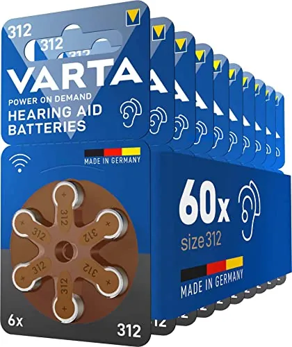 VARTA Pilas para aparatos auditivos tipo 312 marrón, paquete de 60, Power on Demand, batería de audífono, pilas de botón para audífonos, Made in Germany