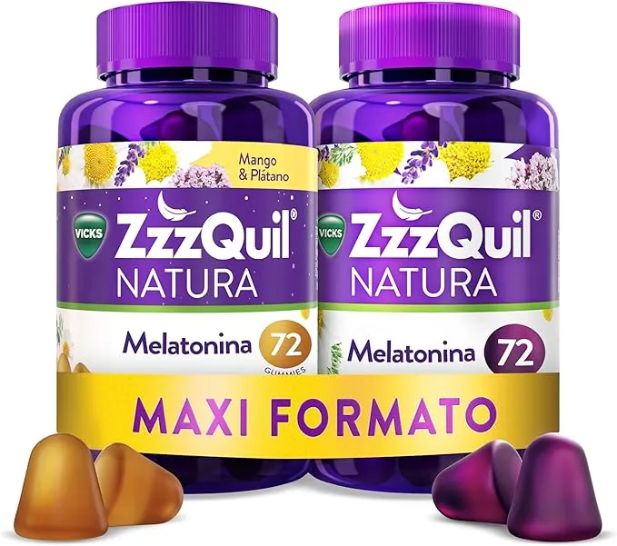 ZzzQuil Natura Gummies de Melatonina 1mg con Valeriana, Complemento Alimenticio para dormir sabor Frutos del Bosque y Mango y Plátano, 2x72 Gummies