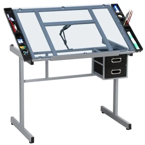Yaheetech Mesa de Dibujo Inclinable y Mesa de Pintura Multifuncional | Escritorio con Tapa de Cristal, 104 x 60 x 80cm, para Arte y Estudio, con Tablero Ajustable de 0° a 60°