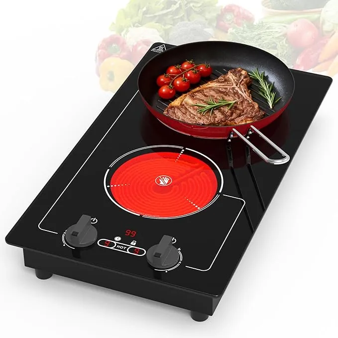 VBGK Placa Vitroceramica 2 Fuegos con Enchufe, Vitroceramica Portatil 220V 3000W, 9 Niveles de Potencia, Bloqueo Infantil y Temporizador, Protección Contra Sobrecalentamiento, Mando y Control Táctil