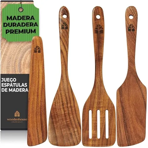 Espátulas Madera para Cocinar, Juego de 4, Pala Volteadora y Raspador