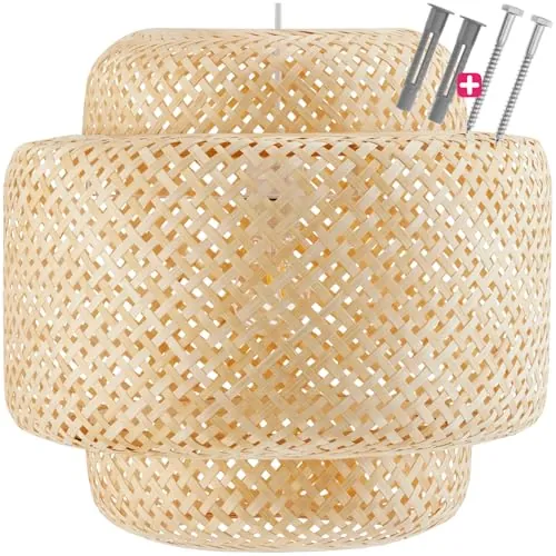 TecTake Lámpara de techo con pantalla grande de bambú en estilo bohemio, cable de longitud ajustable, marco de acero robusto, instalación rápida y fácil, lámpara colgante aireada de 40 W para sala de
