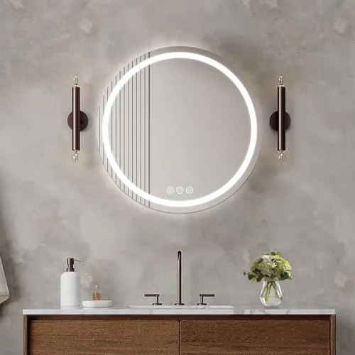 Ratsamee Espejo Baño con Luz Redondo 50cm, Espejos de Baño con LED con Antivaho, Regulable, 3 Colores Luz, Función Memoria