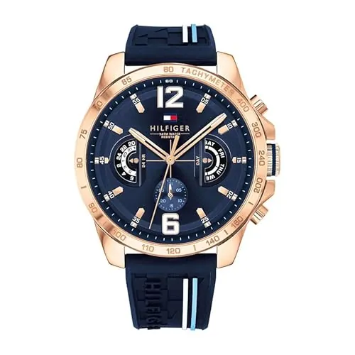 Tommy Hilfiger Reloj Analógico Multifuncional de Cuarzo para Hombres con Correa de Silicona, Acero Inoxidable o Cuero, Subesferas para Día y Fecha, Resistente al Agua hasta 5ATM.