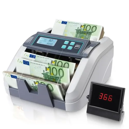 MUNBYN Contador de Billetes, Maquina Contar Billetes, Múltiples Modos y Función de Totalización de Una Sola Denominación, Solo Euros, Detección UV/MG/IR/MT, 1100 Billetes/Minuto