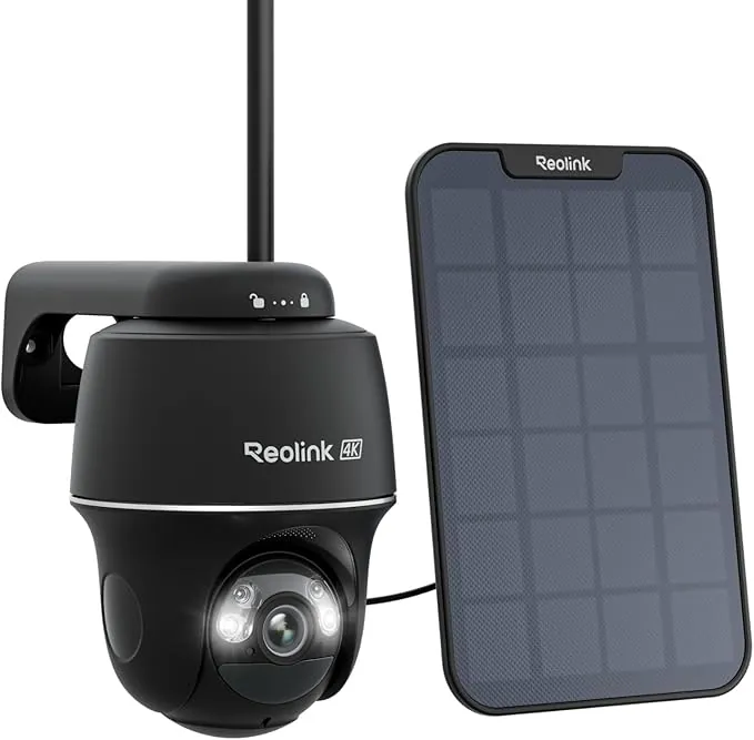 Reolink 4K 8MP Camara Vigilancia WiFi Exterior Solar, 360° PTZ Cámara Sin Cables con Foco, Visión Nocturna en Color, WiFi 2,4/5 GHz, Detección Inteligente, Argus PT Ultra(Negro) + Panel Solar 6W