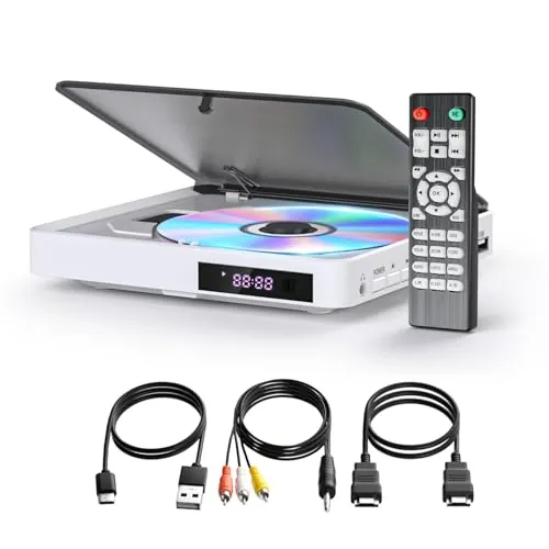 Reproductor DVD Arafuna, Reproductor DVD para Televisores con Todas Las Regiones Gratis, Reproductor CD HDMI 1080P con Salida AV, Entrada USB, Mando a Distancia y Cable AV - Blanco