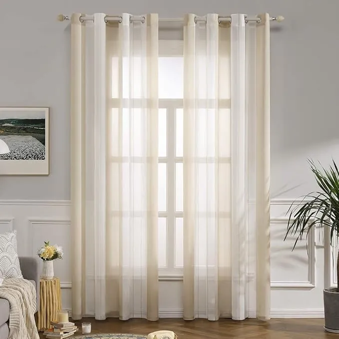 MIULEE Cortinas Salon Modernas con Rayas Blanco y Beige, Bonitas Cortinas Dormitorio Juvenil con Ojales, Translucidas Visillos para Ventanas Habitacion, Visillos Salón 2 Piezas, 2X A140xL235CM