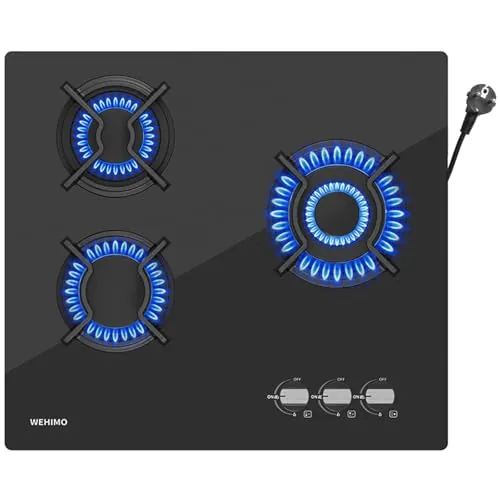 Wehimo - Placa de cocina de gas de 3 fuegos, placa de gas de 3 fuegos empotrable, mesa de cocción 60 cm, rejilla hierro fundido, 7750 W, cristal negro