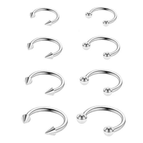 Yolev 8 Piezas Piercing Nariz Acero Quirurgico para Tabique Nasal de 16g Septum Anillo de Nariz Aro de Herradura Joyería Pirsin Nariz de Cartílago de Labio Mujeres Hombres (Plata)