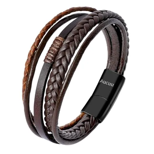 Aucuu Pulsera de Cuero Trenzado para Hombre, Pulsera de Cuero Premium con Cierre Magnético de Acero Inoxidable, Pulseras para Niños, Regalo de Cumpleaños para Hombres - Marrón