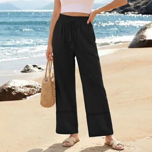 Pantalones de lino de pierna ancha para mujer, cintura alta, informales, con cordón, pantalones palazzo para playa con bolsillos, Negro, X-Large